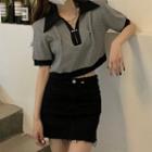 Short-sleeve Two-tone Crop Polo Shirt Gray - One Size