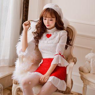 Heart Embroidered Frill Trim 3/4 Sleeve Top
