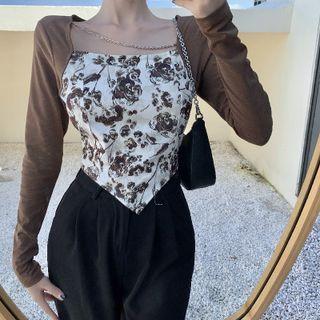 Long-sleeve Floral Print Panel Crop Top