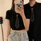 Rhinestone Neck-tie Print Short-sleeve T-shirt