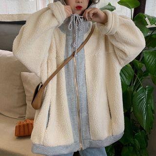 Contrast Trim Hooded Zip Fleece Jacket As Shown In Figure - One Size