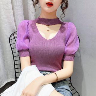 Puff-sleeve Cutout Glitter Blouse