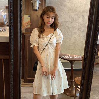 Floral Print Ruched Puff-sleeve Mini A-line Dress