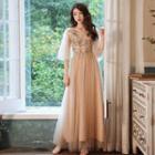 Elbow-sleeve Embroidered A-line Gown