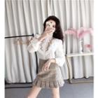 Long-sleeve Embroidered Shirt / Plaid Mini A-line Skirt