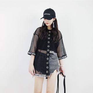 3/4-sleeve Asymmetric Hem Sheer Top