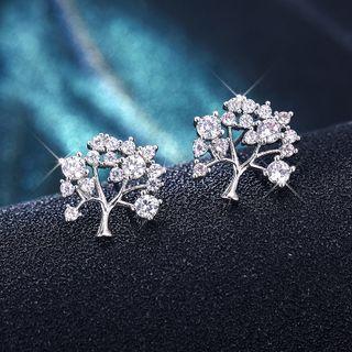 Rhinestone Tree Stud Earring 1 Pair - Silver Rhinestone - Gold - One Size