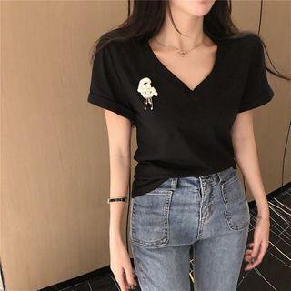 Applique Short-sleeve V-neck T-shirt