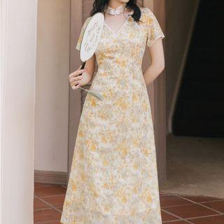 Mandarin Collar Cutout Floral Midi A-line Dress