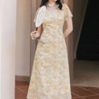 Mandarin Collar Cutout Floral Midi A-line Dress