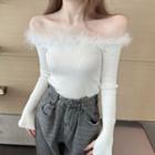 Off-shoulder Furry Collar Knit Sweater