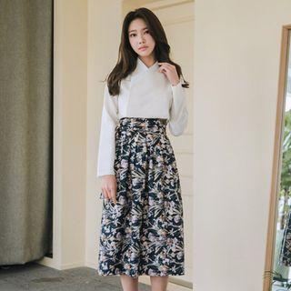 Floral Midi Hanbok Skirt Navy Blue - One Size