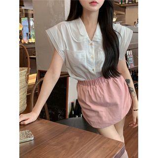 Details Loose V-neck Shirt / High-waist Mini Skirt