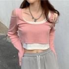 Mock-two Piece Long-sleeve Off Shoulder Contrast Cropped T-shirt