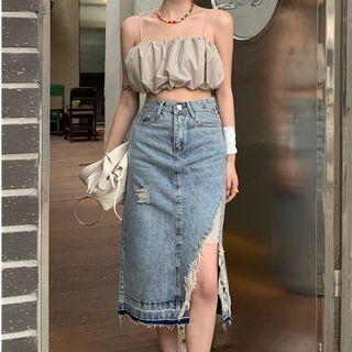 Spaghetti Strap Print Top / Denim Skirt