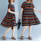Striped Short-sleeve Mini A-line Dress Stripes - Multicolor - One Size