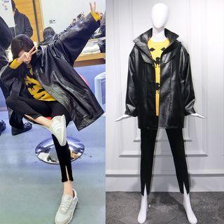 Faux-leather Padded Coat / Knit Top / Jeans