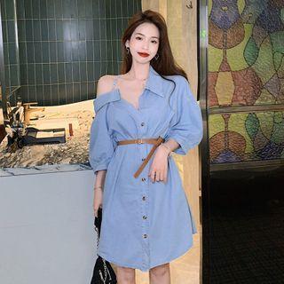 Off Shoulder Denim Shirt Dress As Shown In Figure-with Belt - One Size
