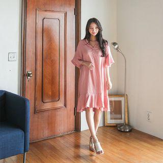 Open-placket Ruffle-hem Shirtdress