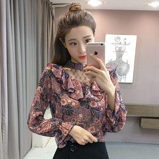 Print Frill Trim Long-sleeve Chiffon Blouse