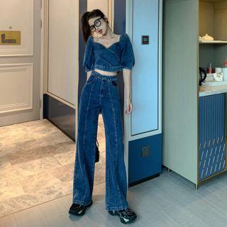 Denim Short-sleeve Top / Wide Leg Jeans
