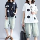 Dotted Short Sleeve Band Collar Shirt