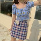 Short-sleeve Floral Top / Mini Plaid A-line Skirt