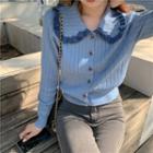 Long-sleeve Ruffled Button-up Knit Top Grayish Blue - One Size
