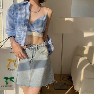 Gingham Cropped Camisole Top / Elbow-sleeve Shirt