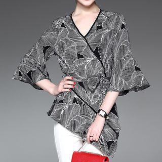 V-neck Printed Asymmetric Chiffon Blouse