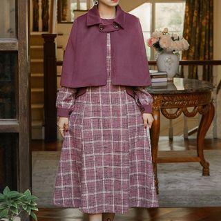 Set: Long-sleeve Plaid Midi A-line Dress + Cape Coat