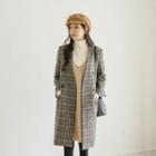 Collarless Wool Blend Check Coat