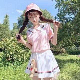Set: Sailor Collar Striped Short-sleeve T-shirt + High Waist A-line Skirt