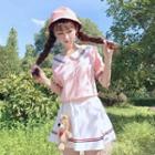 Set: Sailor Collar Striped Short-sleeve T-shirt + High Waist A-line Skirt