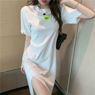 Elbow-sleeve Slit Sheath T-shirt Dress