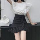 Short-sleeve Lace Trim Top / Frill Trim A-line Mini Skirt