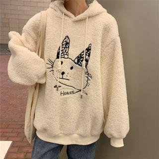Embroidered Little Cat Hooded Long-sleeve Sweatshirt Cream White - One Size