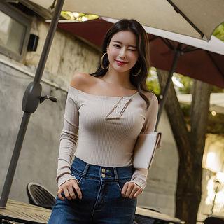 Off-shoulder Ribbed Henley Beige - One Size
