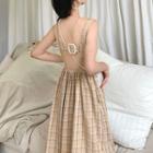 Sleeveless Cutout Back Plaid Midi A-line Dress