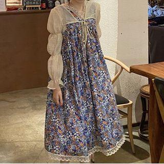 Sleeveless Floral Midi A-line Dress / Long-sleeve Shrug