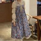 Sleeveless Floral Midi A-line Dress / Long-sleeve Shrug