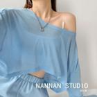 Loose-fit Cropped Light Knit Top Blue - One Size