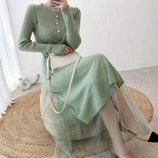 Long-sleeve Mesh Overlay Knit A-line Midi Dress