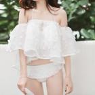 Set: Off-shoulder Elbow-sleeve Top + Flounced Lace Bikini
