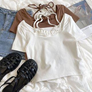 Short-sleeve Plain Halter Cropped Top