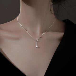 Star Rhinestone Pendant Sterling Silver Necklace 1pc - Silver - One Size