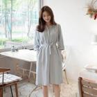 3/4-sleeve A-line Shirt Dress With Sash