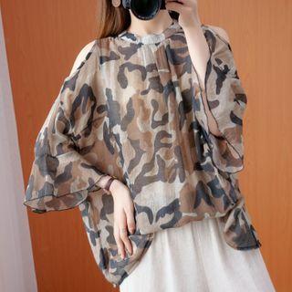 3/4-sleeve Camo Print Blouse As Shown In Figure - One Size