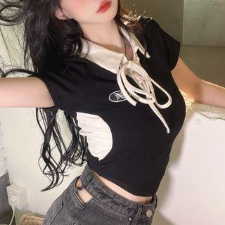 Two-tone Lace-up Polo Top