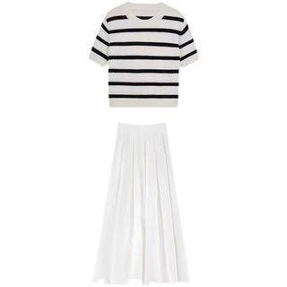 Short-sleeve Striped Knit Top / A-line Skirt / Set